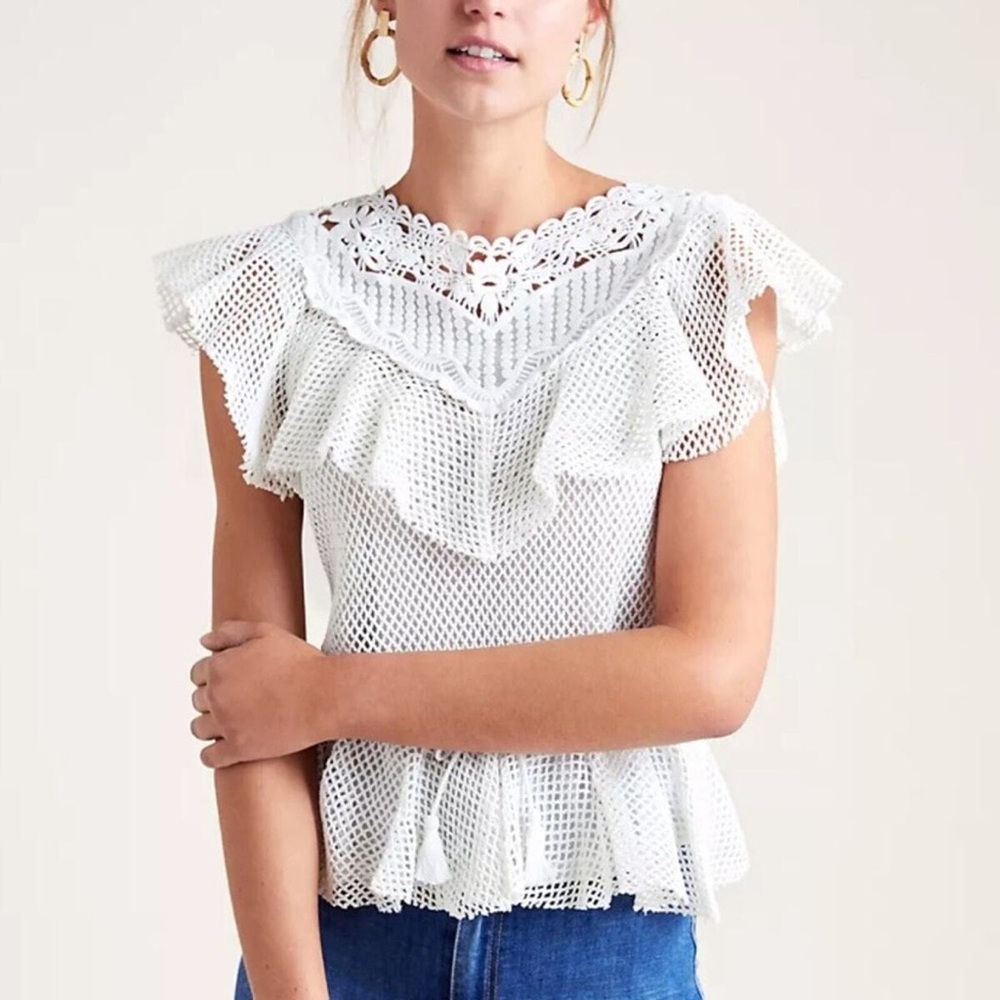 Anthropologie White Lace Ruffle Blouse